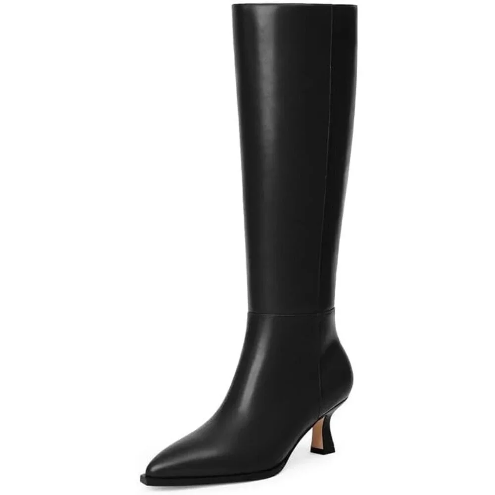 Women's Black Pu Kitten Low Heel Toe Side Zipper Long Tall Knee High Boots